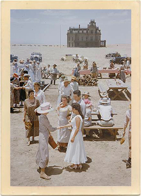 he “barbecue party” scene from "Giant," with Reata looming in the distant background. What a sight! Stars of the film, Rock Hudson, Elizabeth Taylor and Mercedes McCambridge can be seen center front greeting a party guest.