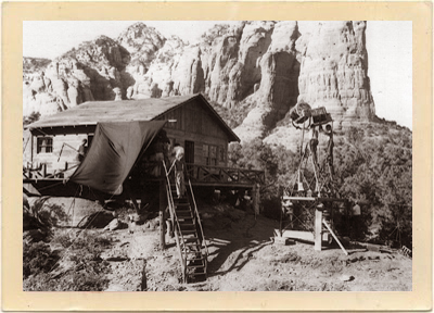 Location filming with lights and other movie equipment for the movie, Johnny Guitar, near Coffee Pot Rock outside Sedona, Arizona.