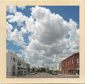 The ”big sky” clouds over the main street of Marfa, Texas.