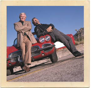 Martin Milner (left) and George Maharis (right) pose with a classic Corvette, 40 years after they starred in the popular 1960s TV series, “Route 66.”