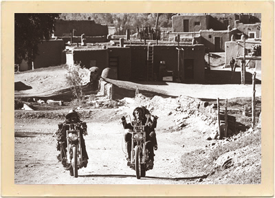 Dennis Hopper and Peter Fonda ride their choppers through the historic Taos Pueblo, just outside of Taos, New Mexico, in the cult classic 1969 film, “Easy Rider.” This is one of the few movies that was allowed to shoot footage on pueblo land.